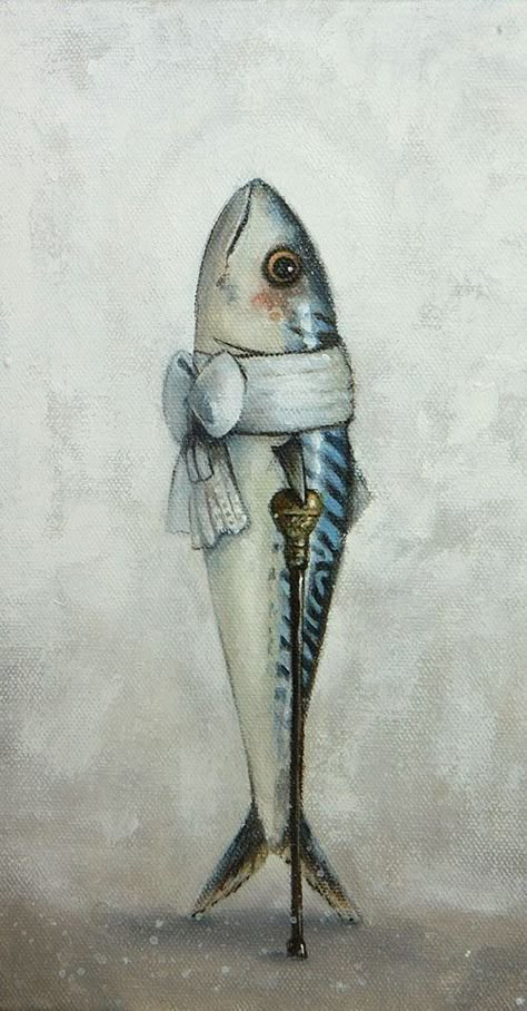 Famous Fish Paintings, Funny Fish Photos, Fishmonger Aesthetic, Mackerel Art, Sea Animal Paintings, Fish Art Illustration, Fish Portrait, Fish Posters, Fishing Painting