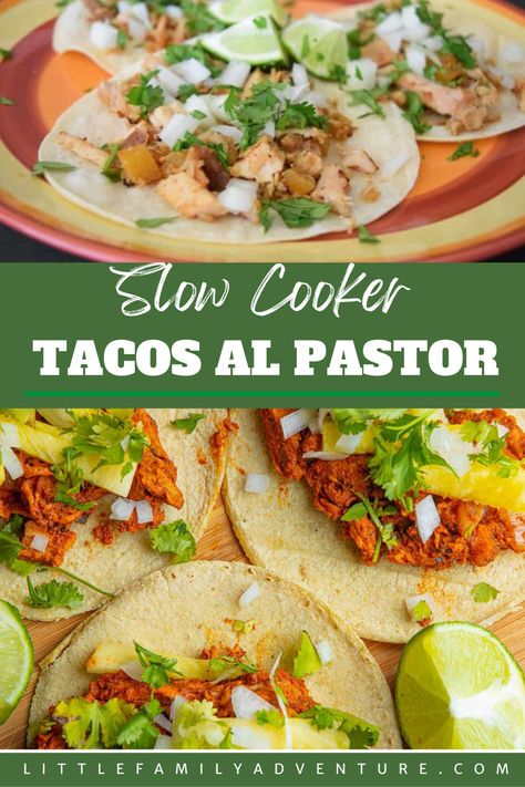 Slow Cooker Tacos Al Pastor Al Pastor Recipe Slow Cooker, Pork With Pineapple, Al Pastor Recipe, Tacos Al Pastor Recipe, Dinner Tacos, Taco Recipes Mexican, Pastor Tacos, Slow Cooker Taco, Family Dinner Recipe