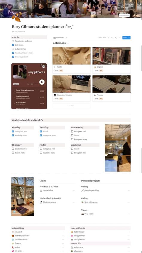 Rory Gilmore Fall Notion Template 🍂💫, Gilmore Girl Aesthetic, Study Planner, Notion Dashboard Notion Library Wesley Anna, Rory Gilmore Notion Template, Fall Notion, Aesthetic Study Planner, Gilmore Girl Aesthetic, Notion Study, Rory Gilmore Fall, Study Planner Free, Gilmore Aesthetic