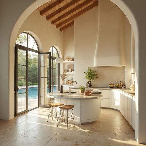 dream house kitchen #AI with pool, large windows, arches, high ceilings, lots of natural light, lush garden Arched Cooking Alcove, Large Arched Doorway, Arch In Kitchen, Arches Home, Dream House Kitchen, Lots Of Natural Light, Natural Wood Kitchen, Mediterranean Aesthetic, Kitchen Lounge