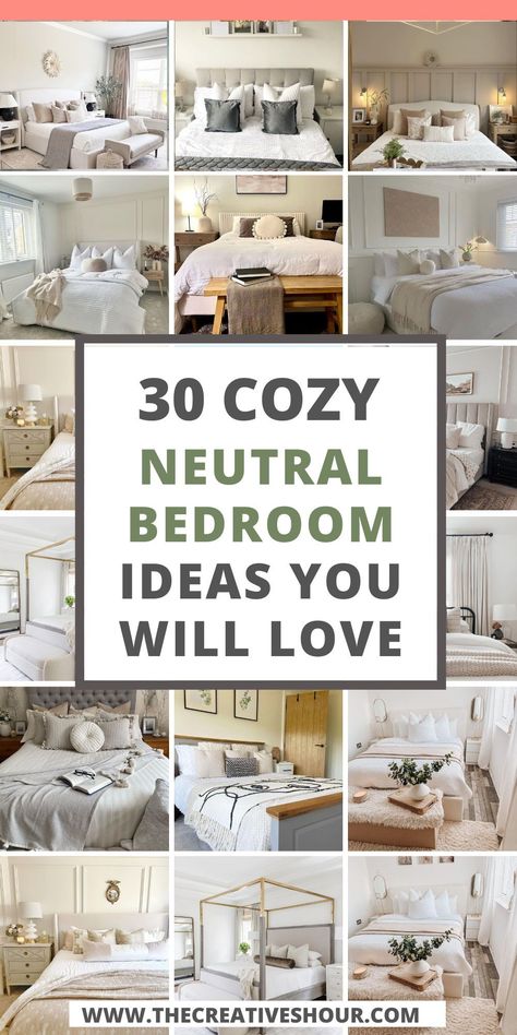 Transform your bedroom into a tranquil oasis with these cozy neutral bedroom ideas! From farmhouse charm to boho chic, discover how to infuse soothing color tones and decor for a relaxing and romantic modern retreat. 3rd Bedroom Ideas, Bedroom Decor Cream Walls, Clean Simple Master Bedrooms, Light And Airy Guest Bedroom, Master Bedrooms Decor Natural, Neutral Headboard Bedroom Ideas, Bedroom Inspirations Master Cozy Simple, Small Farmhouse Bedroom Ideas Simple, White And Cream Bedroom Ideas Cozy