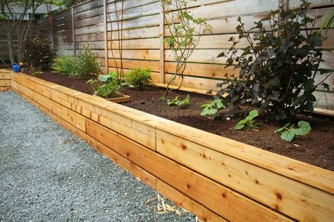 Raised garden bed with cedar siding, West Seattle, Ecoyards. Landscaping Along Fence, Fence Planters, Diy Garden Fence, Raised Planter Beds, Raised Flower Beds, Backyard Garden Layout, Planter Beds, Building A Raised Garden, Pallet Patio