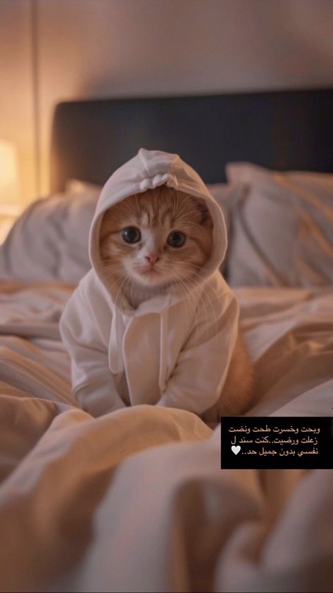 Cat In Bed Aesthetic, Cat In Hoodie, Cute Display Pictures For Whatsapp, Cat Pattern Wallpaper, Cute Ducklings, White Sheet, Cozy Spot, White Bed, Cute Little Kittens