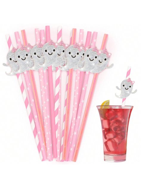 10pcs/Pack Pink Halloween Paper Drinking Straws With Glitter Ghost Design, Disposable Party Supplies Halloween Party Multicolor    Paper     Kitchen & Dining, size features are:Bust: ,Length: ,Sleeve Length: Halloween Baby Shower Theme, Ghost Party, Halloween Birthday Party, Unicorn Halloween, Ghost Design, Birthday Halloween Party, Pink Halloween, Cute Halloween Costumes, Halloween Paper