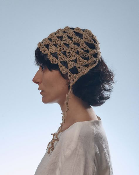 Evade House — 002-05 Key hemp bonnet Crochet Photoshoot, Hemp Crochet, Crochet Bonnet, Hemp Yarn, Lace Bonnet, Crochet Skull, Hemp Clothing, Shell Stitch, Crochet Bucket Hat