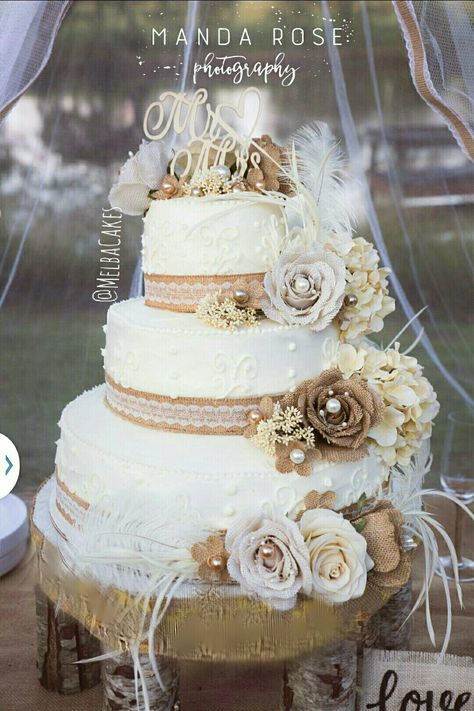 Burlap Wedding Cake, Shabby Chic Wedding Cake, Chic Wedding Cake, Raspberry Filling, Burlap Flowers, Burlap Wedding, Rustic Shabby Chic, Shabby Chic Wedding, Small Cake