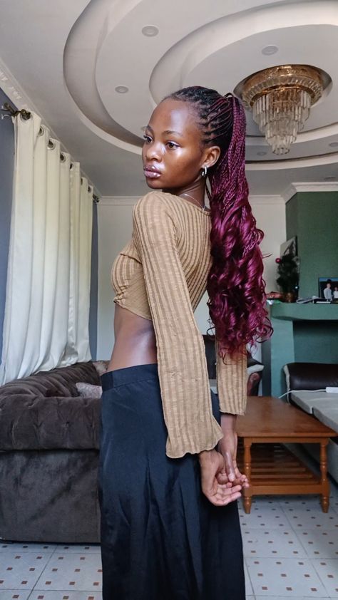 #BEAUTY, #RELATIONSHIPS #Fashion #Animals #Outfits #Winter Outfits #Animals Burgundy French Curl Braids, Burgundy And Pink Braids, Low Waist Maxi Skirt, 2024 Loading, Burgundy Braids, French Curls Braids, Pink Eye Shadow, Burgundy Box Braids, Morning Before School