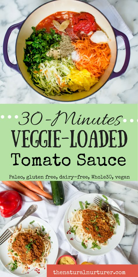 Are you looking for an easy (and maybe slightly sneaky) way to get wholesome and nutrient-dense veggies into your and your family's diet? 30-Minute Veggie-Loaded Tomato Sauce is the perfect place to start! Chock FULL of oodles of veggies, all made in one pot and done cooking by the time the pasta has finished boiling, this veggie-loaded sauce is perfect for a healthy dinner on the busiest of weeknights! Plus, you'll have leftovers to enjoy and to help make your next meal veggie-loaded too! #... Veggie Loaded Spaghetti Sauce, Hiding Vegetables In Kids Food, Healthy Kid Lunch Ideas, Veggie Loaded Meals, Veggie Forward Meals, Healthy Kid Recipes, Veggie Tomato Sauce, Natural Nurturer, Blender Soup