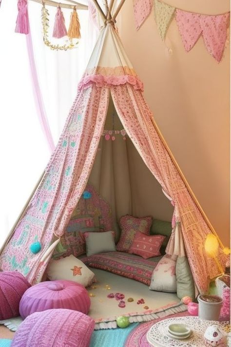 Whimsical boho fairyland with string lights, teepee reading nook, and gauzy curtains. Boho Teenage Girl Bedrooms, Gauzy Curtains, Girls Play Tent, Girls Reading Nook, Sanrio Bedroom, Reading Tent, Girls Tent, Play House Ideas, Room String Lights