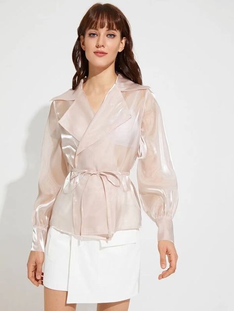 SHEIN Lantern Sleeve Sheer Organza Belted Coat Without Bra Sheer Shirt Outfits, Organza Tops, Asian Wedding Dress Pakistani, Diwali Outfits, Organza Shirt, Asian Wedding Dress, Christmas Dress Women, Without Bra, Simple Kurta Designs