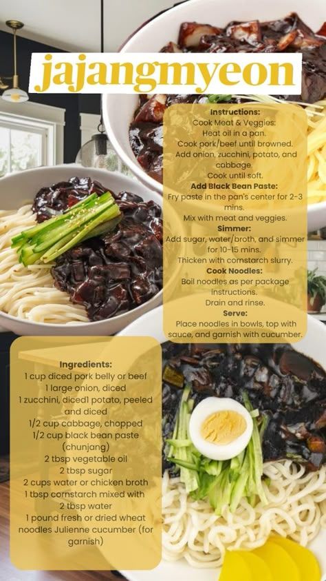 North Korean Food Recipes, Korean Food To Make At Home, How To Make Black Bean Noodles, Korean Beef Dishes, Korean Food Jajangmyeon, Ramen Noodle Recipes Korean, Black Bean Noodle Recipe, Korean Dishes Easy, Simple Korean Recipes