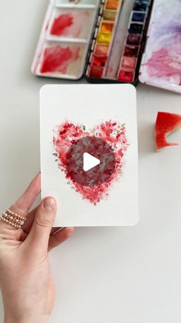 Anna Koliadych on Instagram: "A heart blooming ❤️🌿 with watercolor 🎨🫶🏻 using a sponge, reminiscent of blood in a heart shape – another idea for a Valentine’s Day card #watercolor #watercolortutorial #valentines #craft" Anniversary Card Watercolor Diy, Diy Valentines Cards For Adults, Valentine Watercolor Painting Heart Art, Cute Valentines Day Clipart, Hand Painted Valentine Cards Watercolors, Diy Watercolor Valentines Day Cards, Valentine Watercolor Cards Watercolour, Valentines Day Handmade Cards, Valentines Watercolor Painting Ideas