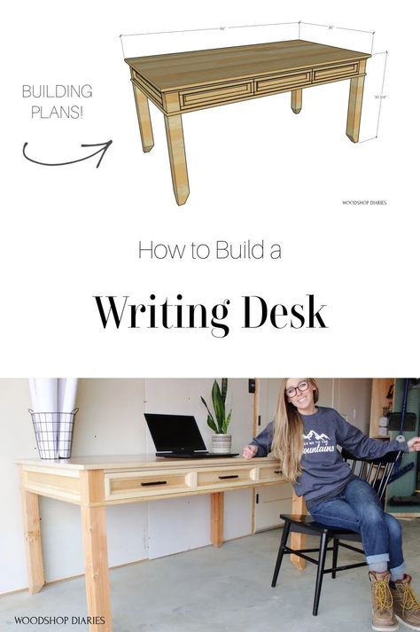 Desk Woodworking Plans, Diy Writing Desk, Writing Desk Diy, How To Build A Desk, Homemade Desk, Large Writing Desk, Desk Woodworking, Diy Wood Desk, Desk Makeover Diy