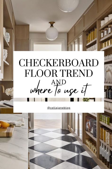 Checker board floor in pantry Kitchen Design Checkered Floor, Black And White Checkered Floor Pantry, Diagonal Checkerboard Floor, White Kitchen Checkered Floor, Kitchen Flooring Black And White, Black And White Tile Pantry, Checkerboard Flooring Kitchen, Checkerboard Limestone Floor, Hexagon Checkerboard Floor