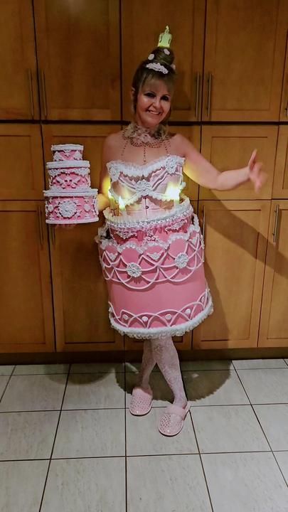 Cake Dress Moschino Cake Dress, Cake Inspired Dress, Birthday Cake Costume, Junk Couture, Dessert Dress, Cake Costume, Fancy Dress Competition, Couture 2024, Camp Fashion