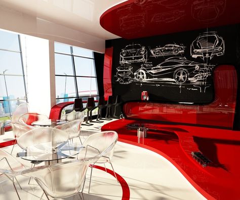 FERRARI WORLD HEADQUARTER OFFICES — Ferrari Headquarters, F1 Interior, Ferrari Interior, Office Cafeteria Design, Ferrari Showroom, Aerodynamics Design, Car Showroom Interior, Cafe Design Inspiration, متحف فني