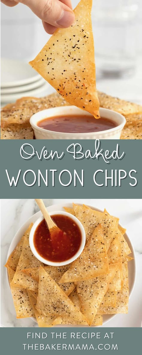 Oven Baked Wonton Chips bake up deliciously airy, golden brown and perfectly seasoned. They make the perfect appetizer or snack just ready for dipping in your favorite sauce! Not only are these wonton chips so easy to make, the seasoning on them is brilliantly simple. Salt, pepper, and garlic. They’re o-m-good, y’all. I can’t wait for you to try them. How To Make Wonton Chips, Wonton Crisps Baked, Crispy Baked Wontons, Baked Wontons Recipes, Recipes That Use Wonton Wrappers, Baked Wonton Chips, Wonton Chips Baked, Wonton Strips Recipe, Won Ton Wrappers Recipe