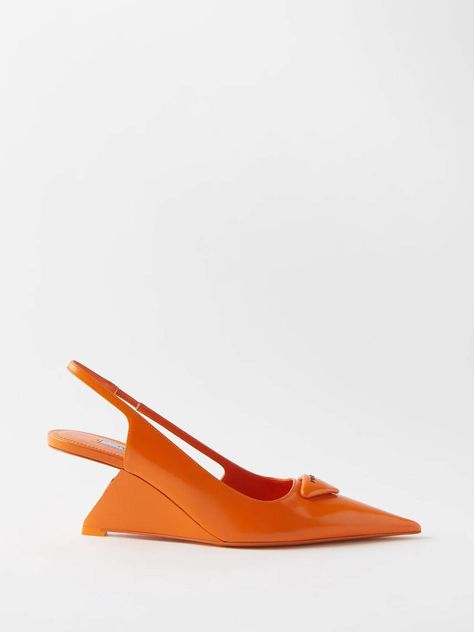 Long High Heels, It Shoes, Orange Heels, Orange Outfit, Wedge Pumps, Prada Designer, Slingbacks, Triangle Logo, Slingback Pump