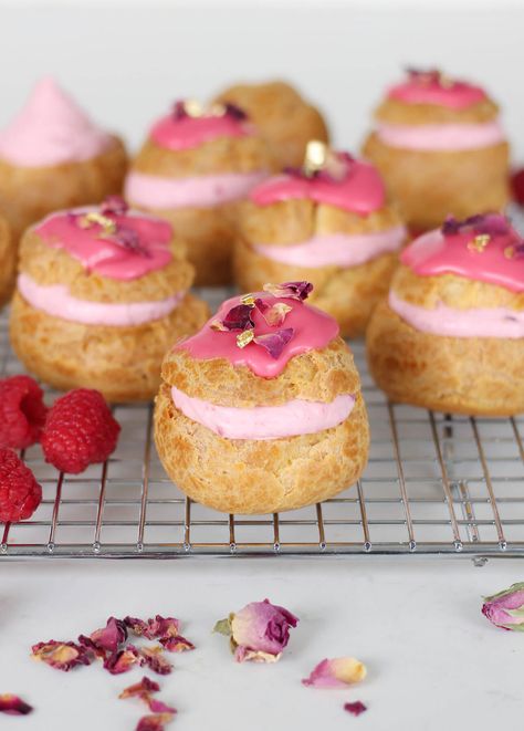 Dessert Recipes from Scratch: Rose Raspberry Fool Cream Puffs. #desserts #dessertfoodrecipes #dessertrecipes #dessertideas #creampuffs #raspberry #raspberries How To Make Pate, Raspberry Fool, Seasonal Produce, Choux Pastry, Cream Puffs, Cookie Scoop, Eclairs, Holiday Weekend, Baking Sheets