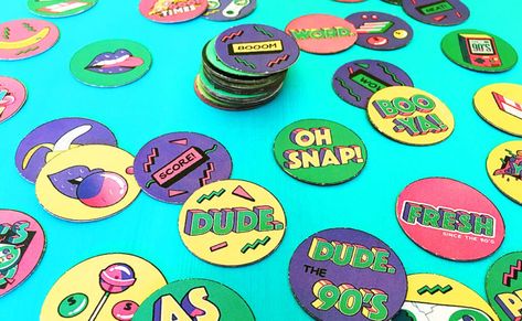 Make a 90s POGs game with this Free Printable - Creating Creatives Pogs 90s, Making Birthdays Special, Nursing Home Week, 90s Graphics, Spirit Day Ideas, 90s Games, Portfolio Moodboard, Throwback Party, Caps Game