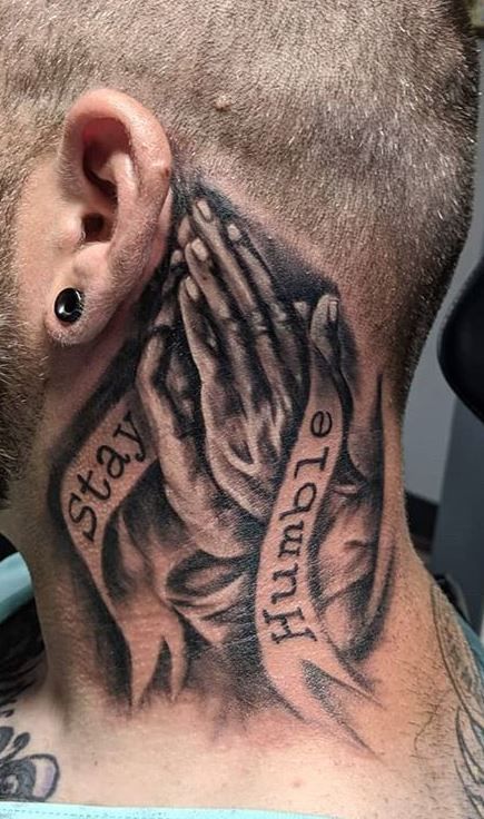 Praying Hands Tattoo On Neck, Side Neck Cover Up Tattoos Men, Ear Neck Tattoo Men, G.o.a.t Tattoo, Memorial Neck Tattoos For Men, Side Neck Tattoo Ideas For Men, Lighting Neck Tattoo, Humble Neck Tattoo, Praying Hands Neck Tattoo