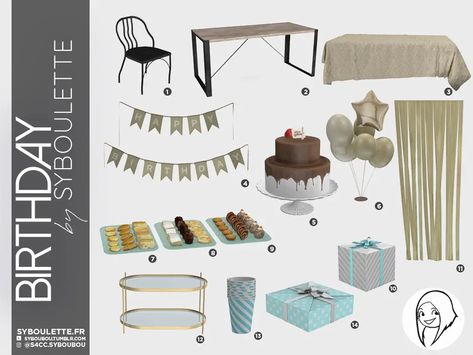 Birthday set - Syboulette Custom Content for The Sims 4 Sims 4 Birthday Party, 4 Birthday Party, Sims 4 Cc Furniture Living Rooms, Lotes The Sims 4, Party Furniture, 4 Birthday, Free Sims, Sims 4 Toddler, Today Is My Birthday