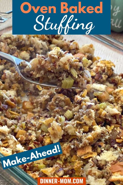 Oven Baked Stuffing with fresh bread, apples, and pecans will be the star of your dinner. Shorten your to-do's and make it ahead of time. Oven Baked Stuffing, Moist Stuffing Recipe, Baked Stuffing, Moist Stuffing, Turkey In Oven, Dressing Recipes Thanksgiving, Butter Chicken Recipe Easy, Homemade Stuffing, Turkey Stuffing