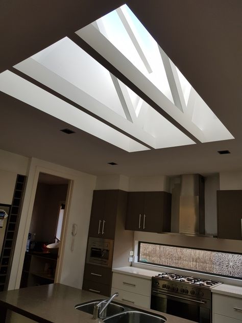 Diy Skylight, Skylight Living Room, Flat Roof Skylights, Exposed Trusses, Skylight Installation, Roof Skylight, Skylight Design, Roof Lights, Skylight Kitchen