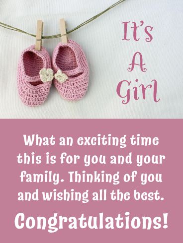 A new baby in the house is always exciting. Whether it is the first baby or not! Send the Baby Shoes It's a Girl card to wish congratulations to the happy (now one member larger!) family. Let them know you're thinking of them all and sending warm wishes for this special time of settling in together. Congratulations are in order! Its A Baby Girl Congrats, New Baby Born Congratulations Greeting Card, Baby Girl Cards Congratulations, Congratulations On Your Baby Girl, Welcome Baby Girl Quotes, Congrats On Baby Boy, Congrats Baby Girl, Baby Born Congratulations