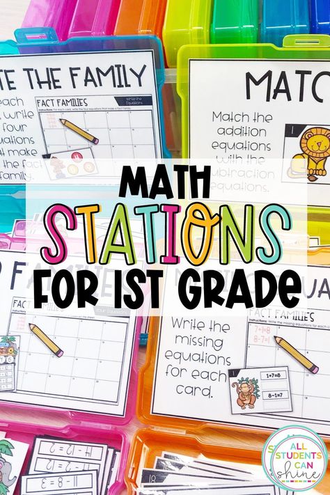 Trying to find some quick and easy math stations for 1st grade? These 1st grade math center activities are low prep, can be easily stored in photo boxes, and are a great way to get students practicing math skills like addition and subtraction. Photo Box Math Centers, Envision Math 1st Grade, Eureka Math Centers 1st Grade, 1st Grade Thematic Units, First Grade Math Journals, Envision Math First Grade, I Ready Math First Grade, Grade 1 Math Centres, First Grade Math Stations