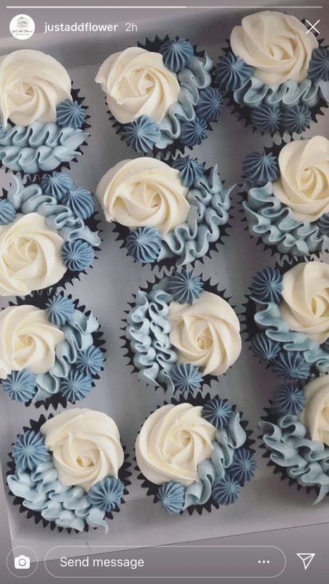 Guy Cupcakes Ideas, Masculine Cupcakes Ideas, Dusty Blue Wedding Cake With Cupcakes, Blue And White Cupcake Ideas, Dusty Blue Wedding Cupcakes, Boy Baby Shower Cupcake Ideas, Blue And Silver Cupcakes, Dusty Blue Cupcakes, Cupcake Designs For Men