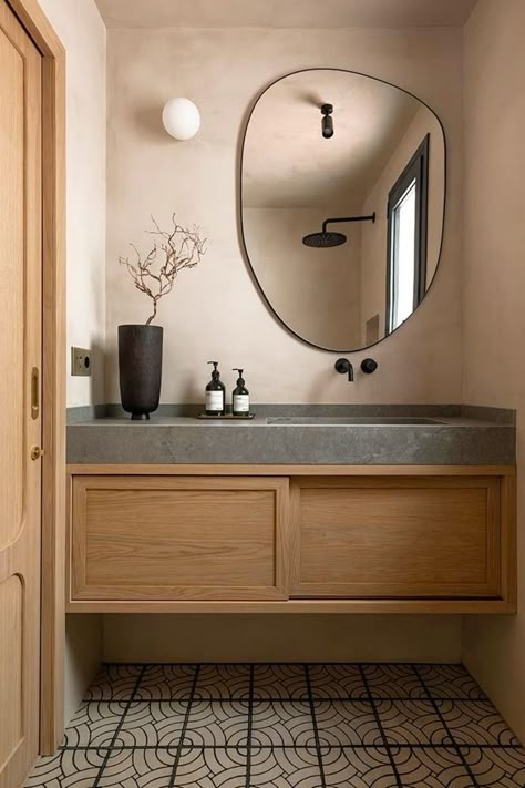 Disc Interiors Bathroom, Dark Bathroom Inspiration, Modern Bathroom With Wallpaper, Round Sink Bathroom, Japandi Bathrooms, Small Scandinavian Bathroom, Scandinavian Style Bathroom, Rustic Scandinavian Interior, Scandinavian Bathroom Design Ideas