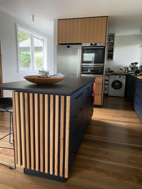 Wood Slat Wall Kitchen Island, Kitchen Island Slatted Wood, Wood Slat Kitchen Cabinets, Kitchen Soffit, Kitchen Goals, Mexico House, Kitchen Mood Board, Small Kitchen Layouts, Kitchen Splashbacks