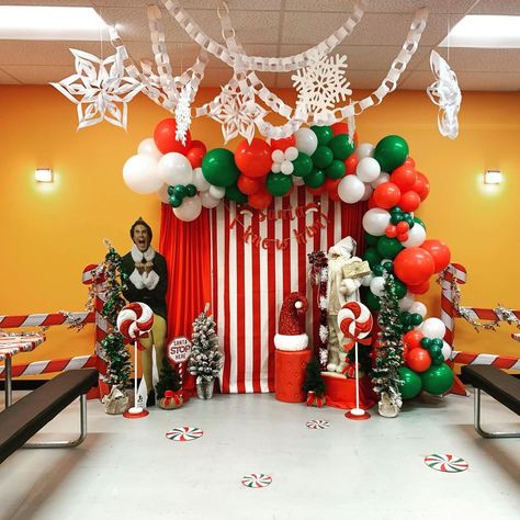 Buddy The Elf Photo Booth, Elf Theme Christmas Decorations, Elf On The Shelf Themed Christmas Party, Elf Party Theme, Christmas Party Elf Theme, Elf Themed Birthday Party, Buddy The Elf Parade Float Ideas, Elf On The Shelf Party Theme, Buddy The Elf Themed Christmas Decor