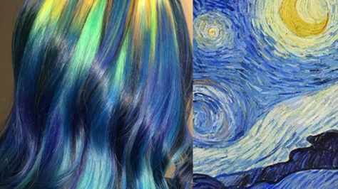 How famous artists like Vincent van Gogh are inspiring new hair colors Night Hairstyles, Creative Hair Color, The Starry Night, Colored Hair, Creative Hairstyles, New Hair Colors, Hair Painting, Rainbow Hair, Cool Hair Color