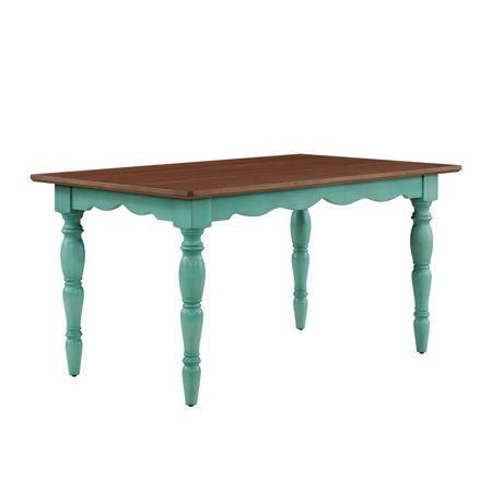 Gather friends and family around The Pioneer Woman Teal Dining Table. It features a traditional design with a light brown table top and a teal base that will add farmhouse flair to your home. With a sturdy wood construction, this dining table can comfortably seat six people for meals and family game nights. It will make a wonderful addition to your dining room, kitchen, or any room in your home. Mix and match this table with other furniture from The Pioneer Woman Collection. Add vintage-inspired style to your home with The Pioneer Woman Teal Dining Table. Meet Ree: Ree Drummond is a NY Times Best Selling Author, TV personality, social media phenom, and the woman behind the popular Pioneer Woman lifestyle blog that started it all. She's also a lover of butter, basset hounds, Ethel Merman, h Pioneer Woman Furniture, French Cottage Dining Room, Teal Dining Table, Boho Dining Table Decor, Coastal Breakfast, Table And Chairs Makeover, Painted Kitchen Table, Cottage Dining Table, White Oval Dining Table