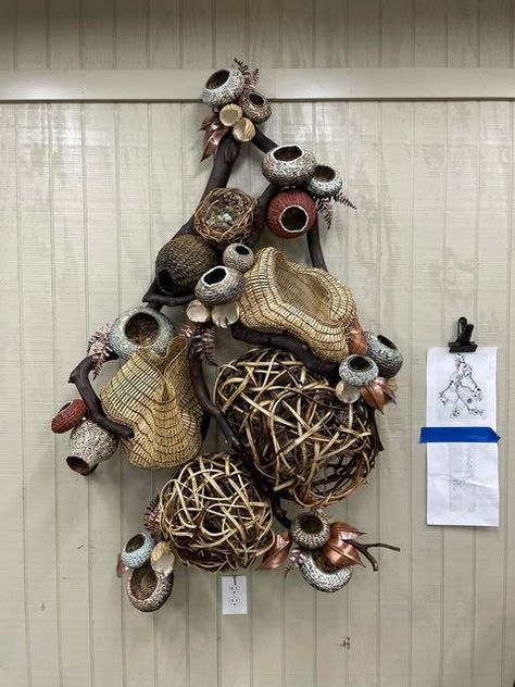 Matt Tommey on Instagram: "One more commission I’m delivering next week to North Carolina - this is a 5’x3’ wall hanging for a beautiful mountain home. The drawing is how it all begins. This piece is a collection of baskets made primarily from kudzu and poplar bark although there’s also honeysuckle & grapevine in the random weave nests. Everything is infused with encaustic wax and then the smaller baskets are painted in my signature style using encaustic and natural pigments. The copper leaves Small Basket, Organic Art, Woven Wall Art, Fine Craft, Mountain Home, Next Week, Woven Wall Hanging, Beautiful Mountains, Signature Style