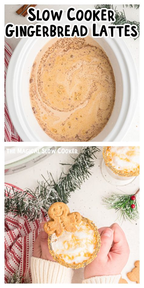 If you've been looking for a Starbucks copycat gingerbread lattes recipe, this is it! Strongly brewed coffee, molasses, brown sugar, and a variety of keynote spices are cooked on low heat in the slow cooker for a delicious and festive beverage everyone will absolutely love. - The Magical Slow Cooker Gingerbread Dessert Recipes, Crockpot Drinks, Fun Beverages, Gingerbread Dessert, Holiday Potluck, Magical Slow Cooker, Nespresso Recipes, Xmas Recipes, Hot Drinks Recipes