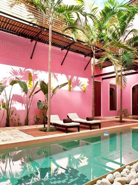 Inground Pool Landscaping, Murs Roses, Enhance Beauty, Paint Trends, Patio Privacy, Painted Patio, Mexico Hotels, Apartment Patio, Best Paint Colors