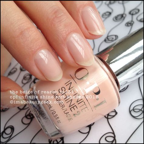 OPI Infinite Shine The Beige of Reason – Soft Shades 2015. Complete collection swatches & review at imabeautygeek.com Opi Cotton Candy Nail Polish, Sheer Nail Polish, Opi Nail Polish Colors, Sheer Polish, Long Wear Nail Polish, Sheer Nails, Nude Nail Polish, Opi Infinite Shine, Opi Nail Polish