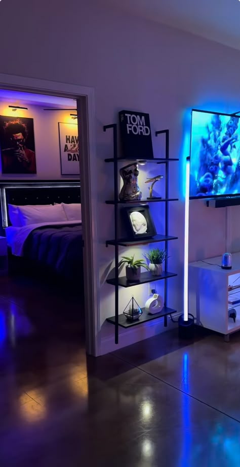 Apartment Inspiration For Men, Aesthetic Storage Ideas For Bedrooms, Small Hypebeast Room Ideas, Batman Bedroom Ideas For Adults, Mens Bedroom Lighting Ideas, Apartment Asthetics Men, Men’s Home Decor Living Room, Mens Room Inspiration, Apartment Decor Ideas Bedroom