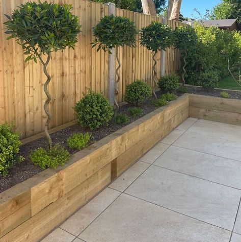 New Build Gardens Uk, Raised Border Planting Ideas, Raised Borders Garden, Raised Sleeper Beds, Small New Build Garden, Garden Sleepers Borders, Rectangular Garden Design Ideas, Newbuild Garden Ideas, Square Garden Design Layout Landscaping