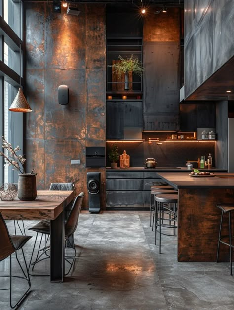 15 Stunning Examples of Industrial Interior Design for Inspiration - DGV Architecture Living Room Designs Urban Modern, Metal Industrial Furniture, Modern Industrial Flooring, Industrial Loft Lighting, Urban Industrial Kitchen, Dark Industrial Kitchen, Industrial Interior Design Kitchen, Rustic Loft Apartment, Modern Industrial Loft Apartment