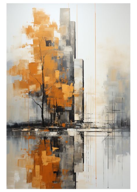 010 Minimalist Cityscape Embracing Nature's Canopy City Scene Painting, City Scape Painting, Abstract Painting Acrylic Modern, Limited Color Palette, Abstract Tree Painting, Nature Art Drawings, Abstract City, Modern Art Paintings Abstract, City Painting