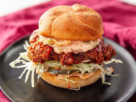 Fried Chicken Sandwich Recipe, Korean Chili Paste, Chicken Sandwich Recipe, Korean Chicken, Potato Roll, Chicken Sandwich Recipes, Chicken Sandwiches, Fried Chicken Sandwich, Red Chili Flakes