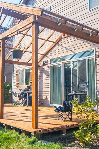 pergola with sun roof on deck Hip Roof Pergola, Adding Pergola To Existing Deck, Covered Deck Plans, Concrete Slab Patio, Deck Over Concrete, Patio Cover Ideas, Diy Patio Cover, Pergola Roof, Covered Patio Design