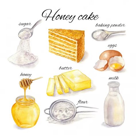 Honey For Allergies, Cake Watercolor, Cottagecore Recipes, Homemade Recipe Books, Kitchen Witch Recipes, Aesthetic Health, Tattoo Health, Homemade Cookbook, Recipe Drawing