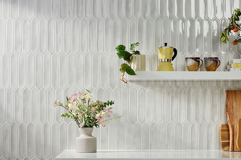 Picket Tile Backsplash, Kitchen Tile Ideas, Diamond Backsplash, Picket Tile, Tiles Backsplash, Ceramic Tile Backsplash, Chevron Tile, White Shelf, Arabesque Tile