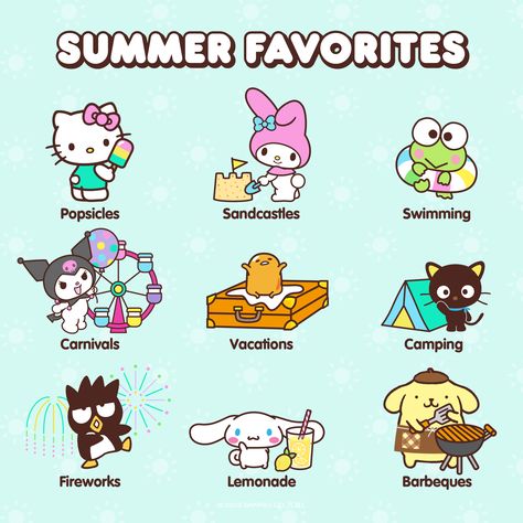 What are your #Summer favorites? ☀️🏖🌻 Your Month Your Sanrio Character, List Of Sanrio Characters, Sanrio Summer, Every Sanrio Character, Summer Sanrio, Sanrio Summer Aesthetic, Hello Kitty Games, Hello Kitty School, Hello Kitty Videos