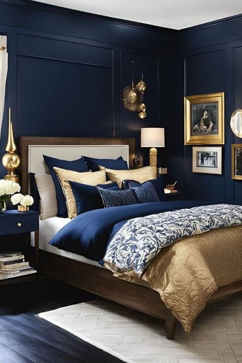 Navy Blue Bedroom Walls Room Ideas, Gold And Navy Blue Bedroom, Navy Blue Gold Bedroom, Blue Bedroom Ideas For Couples, Navy Gold Bedroom, Navy Bedroom Ideas, Navy Blue Bedroom Walls, Navy Bedroom Decor, Sustainable Bedroom